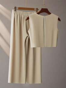 Franclia French High-Level Chic Three-Dimensional Beaded Sleeveless Tops Layered Wide-Leg Pants Trousers Summer Two Pieces Suits Ladies Summer Clothing Summer Two Pieces Suits Summer - Khaki - View 2