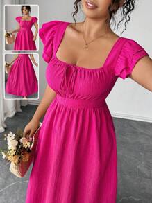 Elenzga Đầm suông nữ cổ vuông xếp lớp tay bèo nhún có nơ thiết kế phía trước phía sau, dáng ôm, dáng suông thanh lịch - Màu Hồng Tươi - Xem 9