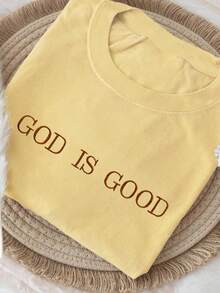 SHEIN 基督教信仰刺绣简约衬衫“上帝是好的”，舒适彩色衬衫礼物，信仰衬衫，信仰T恤，教会团体衬衫，女士圆领刺绣T恤 - 黃色 - 查看 3