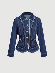 SHEIN MOD Women's Casual Washed Denim Jacket With Frayed Edges