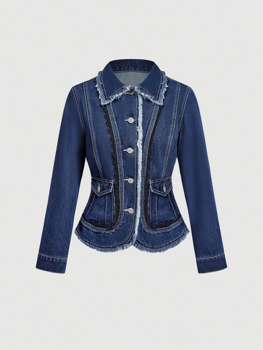 SHEIN MOD Women's Casual Washed Denim Jacket With Frayed Edges