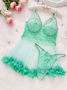 PetitDoll Plus Size Sexy Lace Contrast Mesh Lingerie Dress And Thong Set, 2pcs - Mint Green - View 6