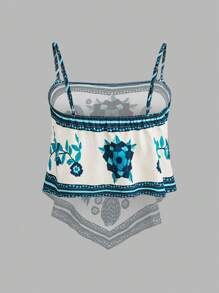 Flirla 大码女装节日、波西米亚风、嬉皮士风、牛仔风、复古风花卉印花不对称下摆吊带背心 - 彩色 - 查看 2