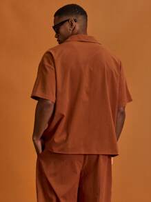 Musero Men Short Sleeve Button Through Revere Collar Front Chest Pocket Shirt - Orange - View 2