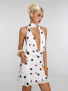 Jeanoix Women's Polka Dot Print Plunging Neck Sexy Fashion Halter Dress