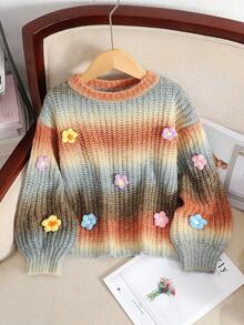 SHEIN 女童彩色撞色花卉 3D 装饰宽松圆领渐变色套头毛衣 女童毛衣 女童花朵毛衣 可爱青少年毛衣 女童花朵毛衣 秋冬款 - 彩色 - 查看 1