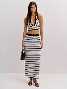Nöista Black And White Striped Two Pieces Knit Set Includes A Scalloped-Edge Crop Top With A Deep V-Neck And A High-Waisted, Fitted Maxi Skirt. Spring, Women's Clothing, Elegant, Vaccay, Holidays, Summer. - Black and White - View 4