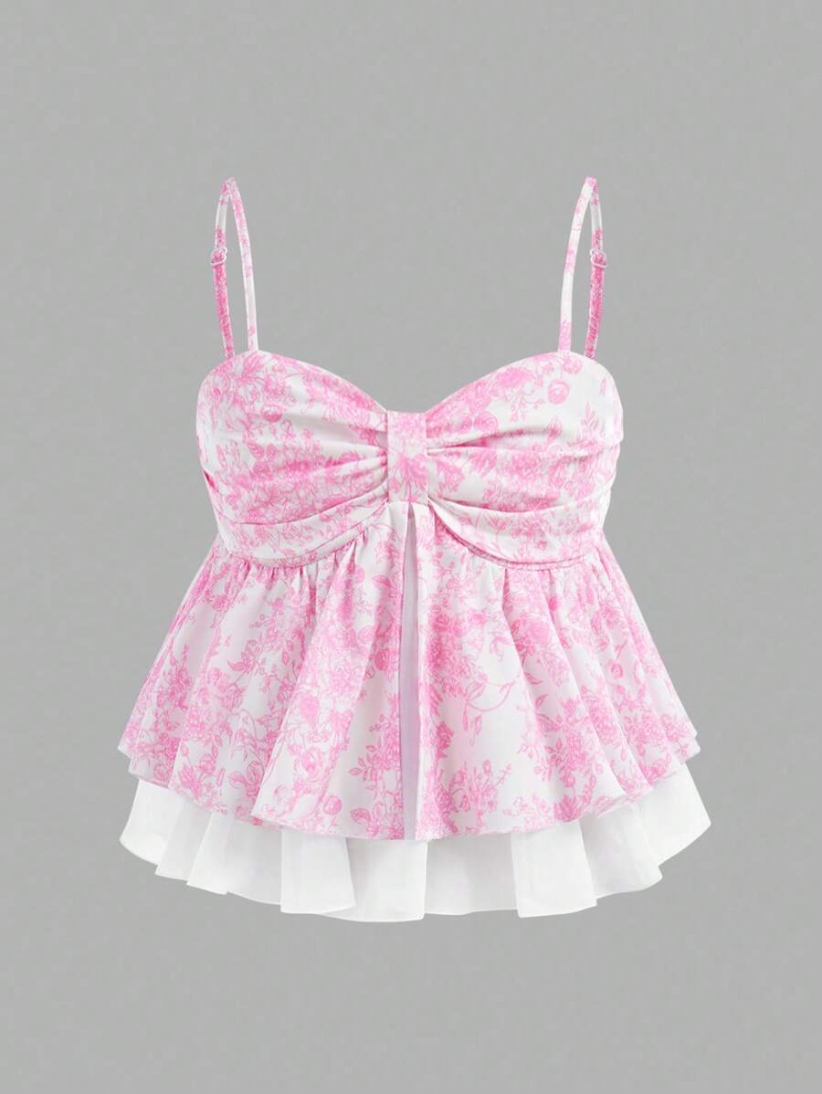 女童休闲舒适花卉印花荷叶边吊带背心