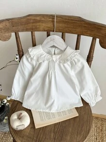 SHEIN Baby Girl Sweet White Peter Pan Collar Blouse,Elegant Long Sleeve Ruffle Shirt - White - View 3