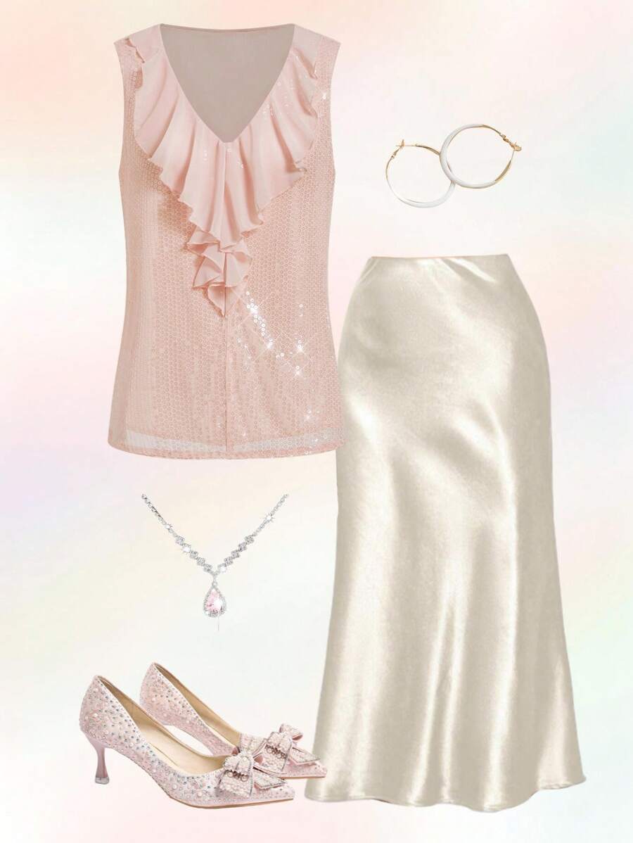 Ellevyn 女式 V 领荷叶边无袖亮片宽松优雅休闲衬衫，适合春夏、秋季 - 粉色 - 查看 1