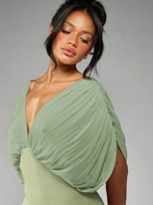 MISSGUIDED 优雅垂坠低领蝙蝠袖长裙，高腰侧开衩罗纹晚会婚礼宾客夏季春季 - 薄荷綠 - 查看 6