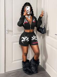 BamGleam BamGleam 2pcs Halloween Graphic Print Hoodie + High Waist Cropped Sexy Outfit Set+ Slim Shorts Slogan Skull Print White Women's Two Pieces Set-B, Autumn Back To School Fashion Fall Cloth For Women
