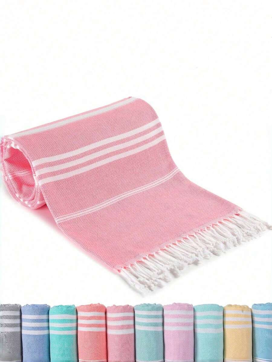 SHEIN 1pc Classic Series Durable Non-Shrink Turkish Tassel Beach Towel, Available In Multiple Sizes, Sand-Resistant, Quick-Drying, Lightweight, Suitable For Beach, SPA, Travel, Stripe Sports Towel - Hot Pink - View 1