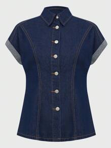 Daynim 女式休闲束腰牛仔衬衫 - 深色水洗藍 - 查看 6