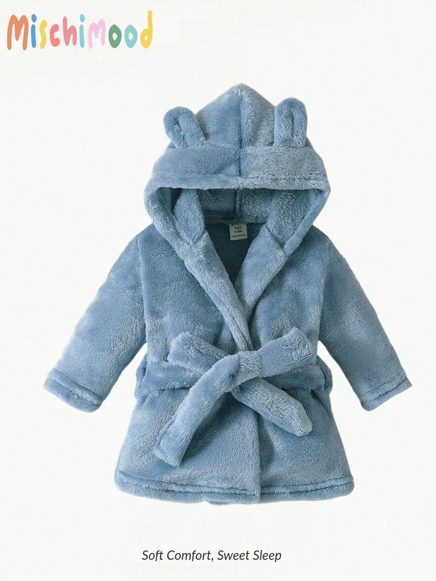 Baby Boy Simple Fashion Blue Long Sleeve Hooded Tie Waist Warm Bathrobe Sleepwear - Blue - View 1
