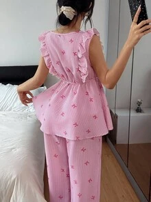 SHEIN 2pcs Summer Ruffled Trim Striped Bow Print Pajama Set - Pink - View 2
