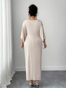 Elenzga 大码女式优雅针织高弹力V领扭纹设计蝙蝠袖中长连衣裙 - 杏色 - 查看 2