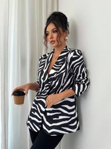 Elenzga Elegante y elegante blazer de manga larga con estampado de cebra para mujer - Negro - Ver 6