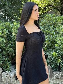 Lucia Bellido 1 bucată rochie mini Y2K, cu mânecă scurtă, cu gât pătrat, albă, primăvară/vară - Negru - Vizualizare 3