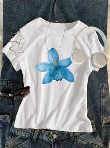 Girls' Simple & Fashionable Blue Floral Print Short T-Shirt, Suitable For Summer - White - View 3
