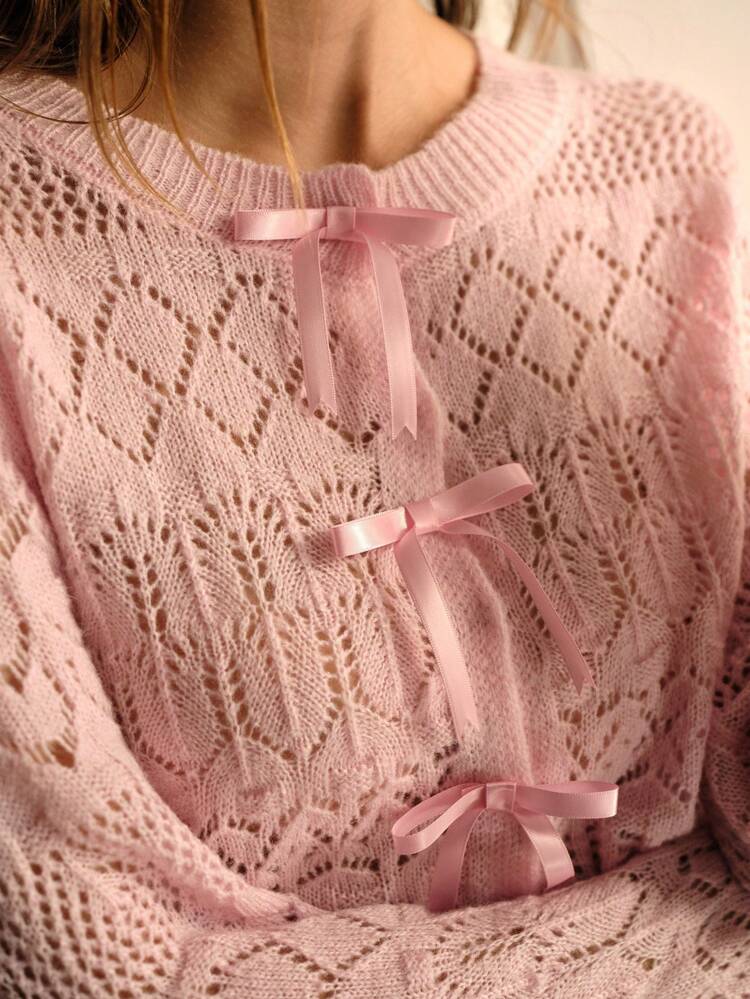 BOW DETAIL HOLLOW OUT CARDIGAN