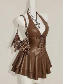 SHEIN ICON 女士 Y2k 时尚辣妹演唱会女装俱乐部派对节日狂欢装 Y2k 外出交叉带 PU 皮革露背迷你吊带黑色连衣裙 - 棕色 - 查看 5