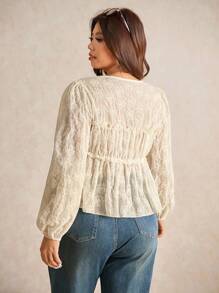 Elaquor Áo sơ mi tay dài thêu hoa thường ngày cho nữ cỡ lớn - Màu be - Xem 2