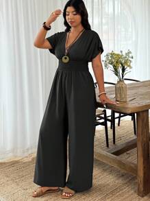 Weeklong Mono informal con cintura fruncida con cordón y mangas cortas de unicolor para mujer de talla grande