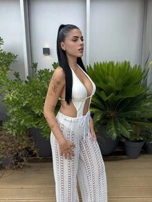 Lucia Bellido 女式罩衫沙滩装，优雅性感复古风格针织半透明阔腿裤，适合春夏季度假波西米亚风裤子女士女士阔腿罩衫泳装裤低腰裤女士沙滩装乡村音乐会装 - 米色 - 查看 3