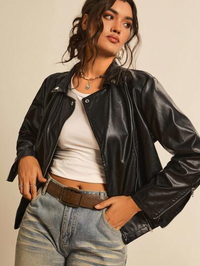 Freevana Plus Size Dark Floral Pattern Long Sleeve Zip-Up PU Jacket For Autumn & Winter Fall