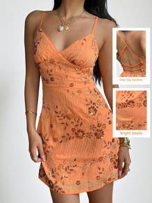 SHEIN EZwear Đầm mini thêu họa tiết sequin chắp vá màu trơn cho nữ - trái cam - Xem 3