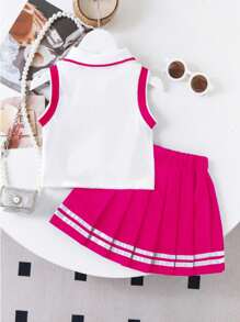 Elladie kids 2 件套女童心形印花领无袖上衣和荷叶边下摆百褶裙 - 校园风格，适合夏季返校季 - 玫紅色 - 查看 2