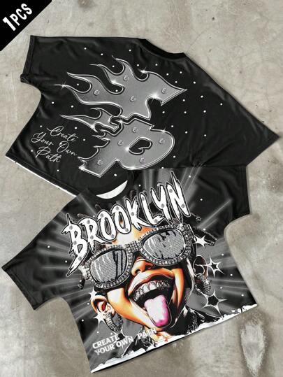 Manfinity EMRG 男士街头风格肖像图案短袖T恤。男士青春街头风格。男士圆领插肩短袖休闲T恤，创意印花，夏季男士图案衬衫。夏季服饰，时尚街头风格，送给男朋友的完美礼物，Y2K风格，返校季，摇滚风格，说唱嘻哈图案T恤，Y2K男式短款图案衬衫，布鲁克林衬衫，说唱歌手图案T恤，2000年代风格