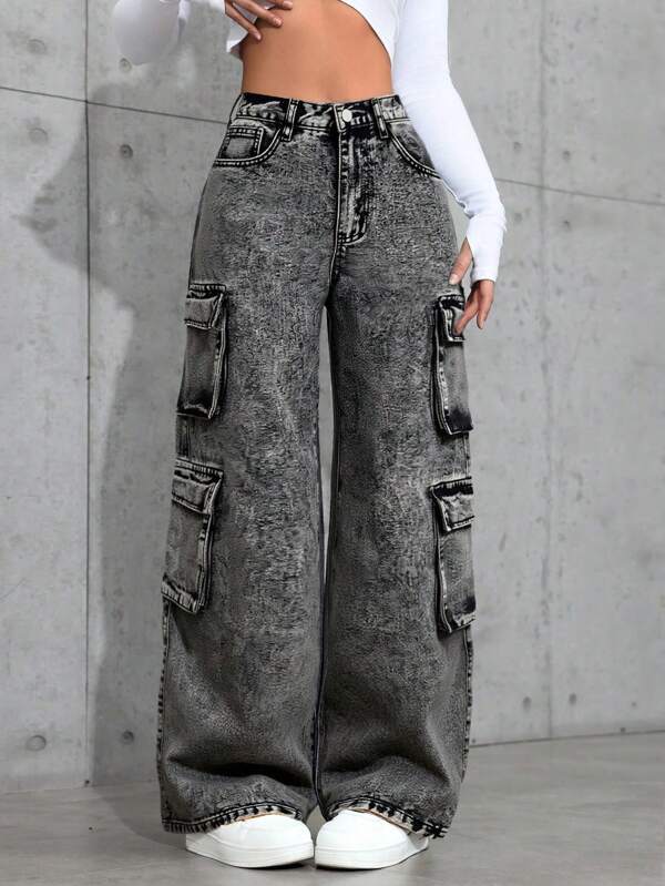 SHEIN Jeans rectos de pierna con bolsillos en ángulo, estilo callejero, lavado sólido, para adolescentes y chicas, diseño de bolsillos elegante y suave, adecuado para ir al trabajo, hacer ejercicio, estilos jóvenes y de moda, disfraces de Halloween, atuendos de regreso a la escuela y homecoming, pantalones cargo