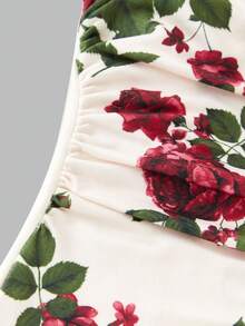 Girlism TEENGIRL Casual Minimalist Blue & White Floral Print Dress, Vacation Outfit, Bohemian Style, Hawaiian Clothing, Country Style, Summer Ruffled Spaghetti Strap Long Dress - Multicolor - View 4