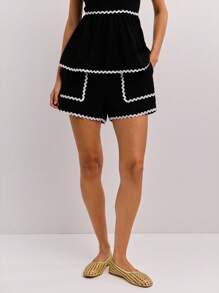 Nöista Women's Black And White Two Pieces Set,Elegant Peplum Hem Contrast Top & Matching Shorts With Pockets,Summer Vacation Holiday Luxury Party Clothing - Black - View 5