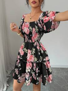 Elenzga Gaun Wanita Elegan Motif Bunga dengan Detail Kerut untuk Musim Panas - Hitam - View 5