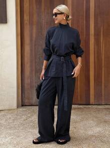 DAZY Women's Striped Casual Denim-Look Tie-Up Shirt & Elongated Pants Two Pieces Set, Korean Style, Elegant, Spring/Autumn - Blue - View 6