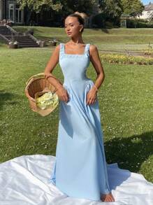 Glamine Vitamin Colors SummerHoliday  Women's Elegant Solid Color Square Neck Waist Cinched Long Dress, Suitable For Dates And Daily Wear Fall Women Clothes Back To School