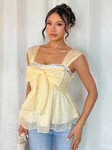 Chiquease Women's Summer Pleated Splice Sequin Ribbon Chiffon Camisole Creamy Yellow Clothes For University - Yellow - View 6