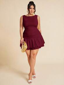 SHEIN BAE Váy ngắn hai lớp nhún bèo không tay màu trắng ôm sát cỡ lớn dành cho nữ, phù hợp cho mùa hè, thu/đông, váy xanh lá cây xô thơm - Màu Đỏ Sâu - Xem 8