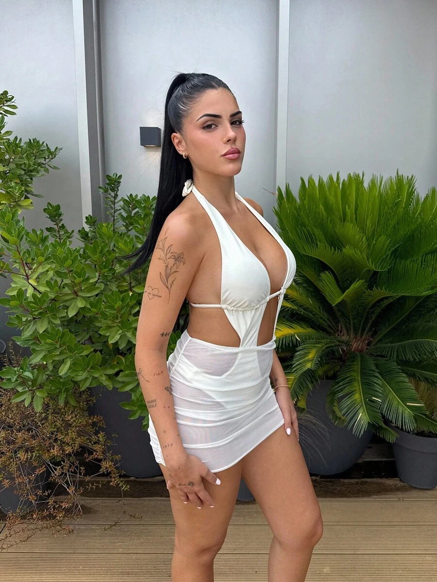 Lucia Bellido Women's One-Piece Swimsuit, Elegant Sexy Halter Hollow Out Backless Seashell Metal Buckle Decor Ruched Skirt Design For Summer Beach Vacation Swim Suits For Women Vacation Outfits Woman Summer Outfits For Women Beach Outfits For Woman/Country Concert Outfit - Apricot - View 1