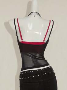 SHEIN ICON 女士红色透视吊带背心，搭配黑色蕾丝细肩带文胸 2 件套