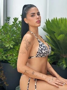 Lucia Bellido 2pcs Women's Summer Beach Holiday Ruffled Leopard Print Halter Strap Bikini Swimwear Set - Multicolor - View 4