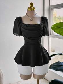 Sweetra Áo sơ mi voan tay bèo nhún lãng mạn thanh lịch cỡ lớn dành cho nữ, cổ nhún bèo, viền eo nhún bèo - màu đen - Xem 1