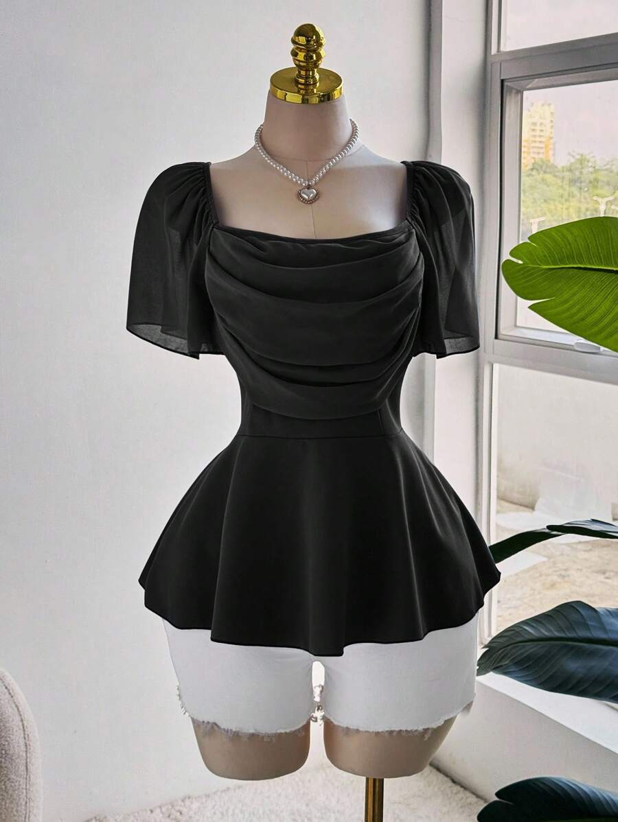 Sweetra Áo sơ mi voan tay bèo nhún lãng mạn thanh lịch cỡ lớn dành cho nữ, cổ nhún bèo, viền eo nhún bèo - màu đen - Xem 1