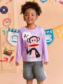 Paul Frank X SHEIN Áo thun dệt kim tay dài cổ tròn vai trễ họa tiết hoạt hình cho bé gái màu tím - Màu tím - Xem 4