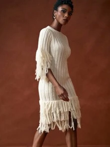 Zivah Off-White Autumn Elegant Party Ladies Sweater Dress,Round Neck Three-Quarter Sleeves Tassel Fringe Hem Ribbed Wool Mini Slim Dress Birthday Commuting - Apricot - View 3