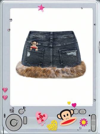 Paul Frank X ROMWE Collab Y2K Girly Patchwork Faux Fur Leopard Print Heart Pendant Super Low Waist Women Denim Mini Skirt