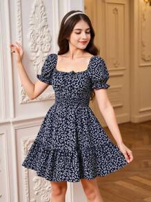 SHEIN 青少年女孩碎花泡泡袖荷葉邊洋裝 - 藏蓝色 - 查看 1